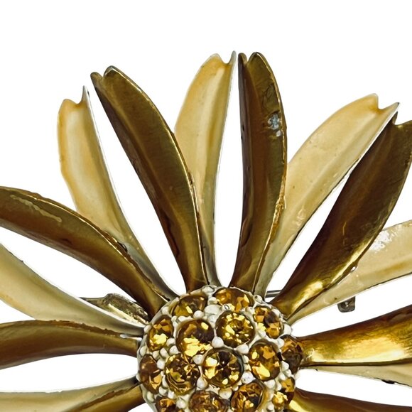 Vintage Gold Tone & Yellow Enamel Flower Brooch W/ Yellow Rhinestones (5733) - Picture 3 of 7